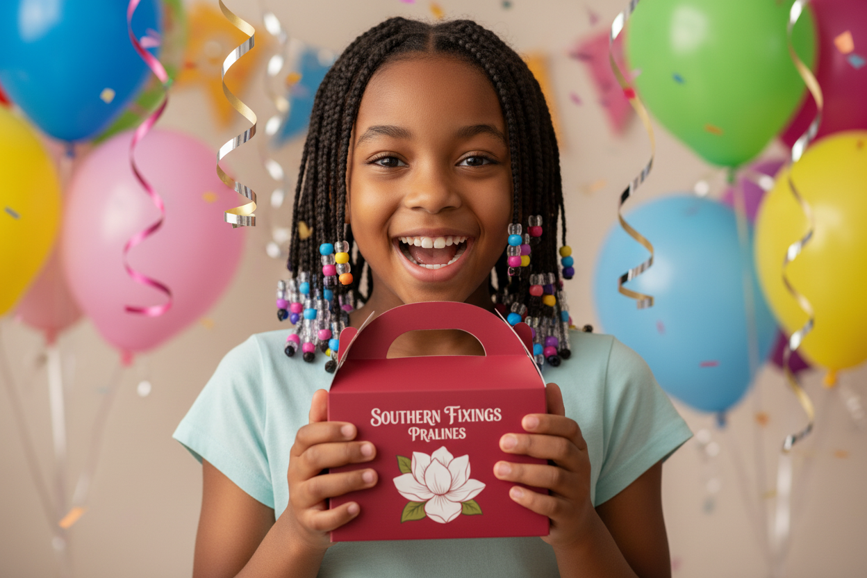 Excited African American girl with Southern Fixings Pralines at celebration