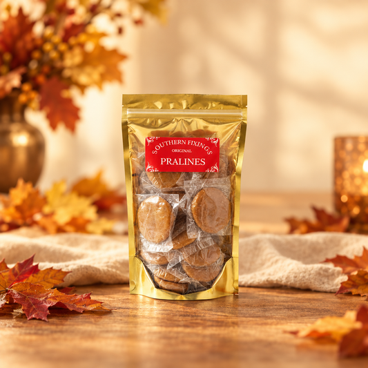 Party bag of pralines with an autumn background