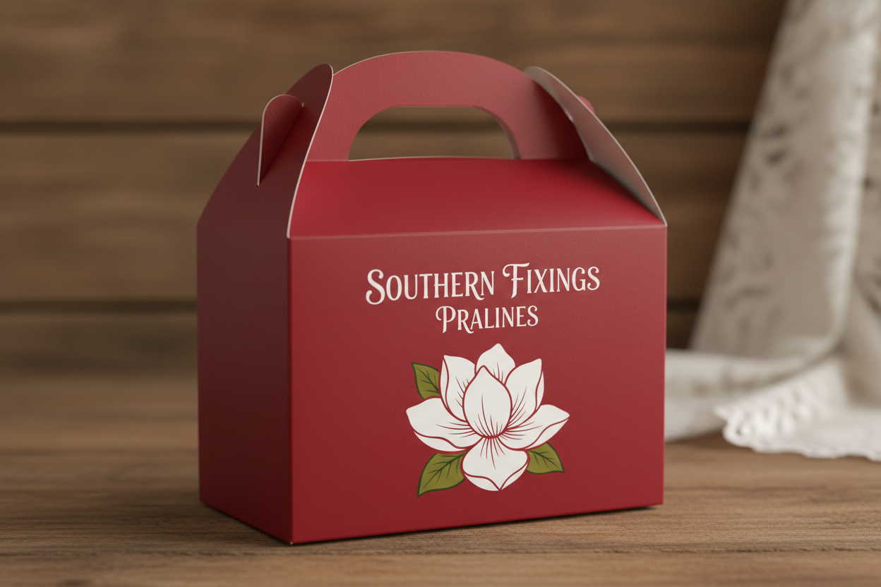 red gable box with SOUTHERN FIXINGS PRALINES in white with a magnolia flower on the front